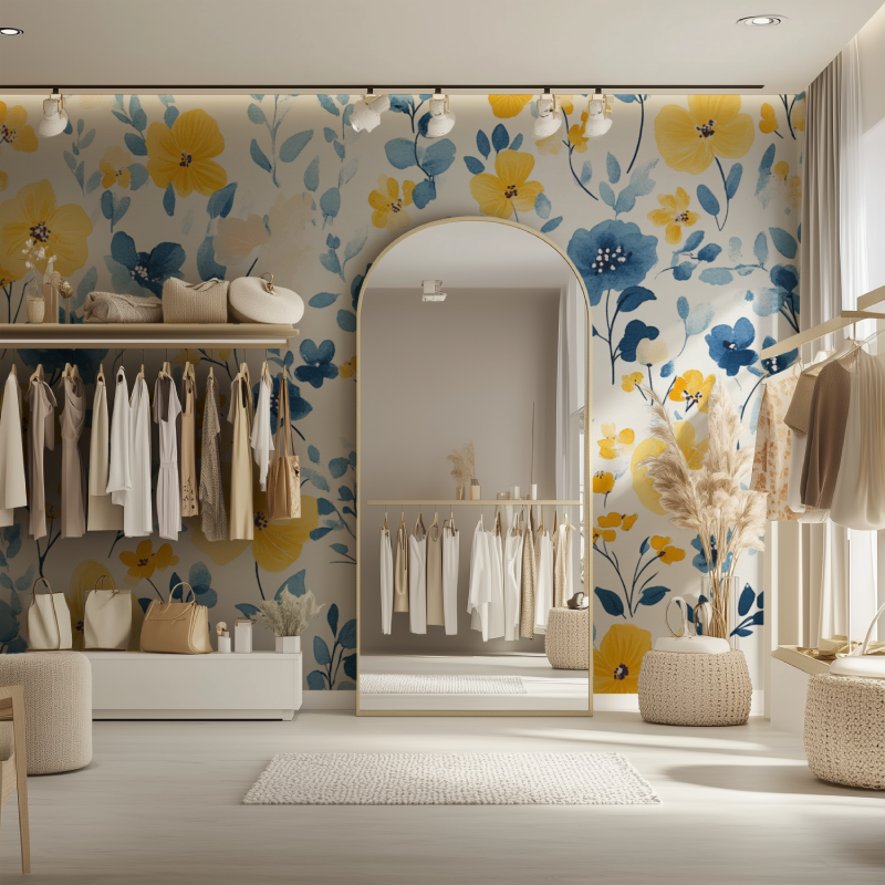 Papier peint motif scandinave vintage fleuries dressing