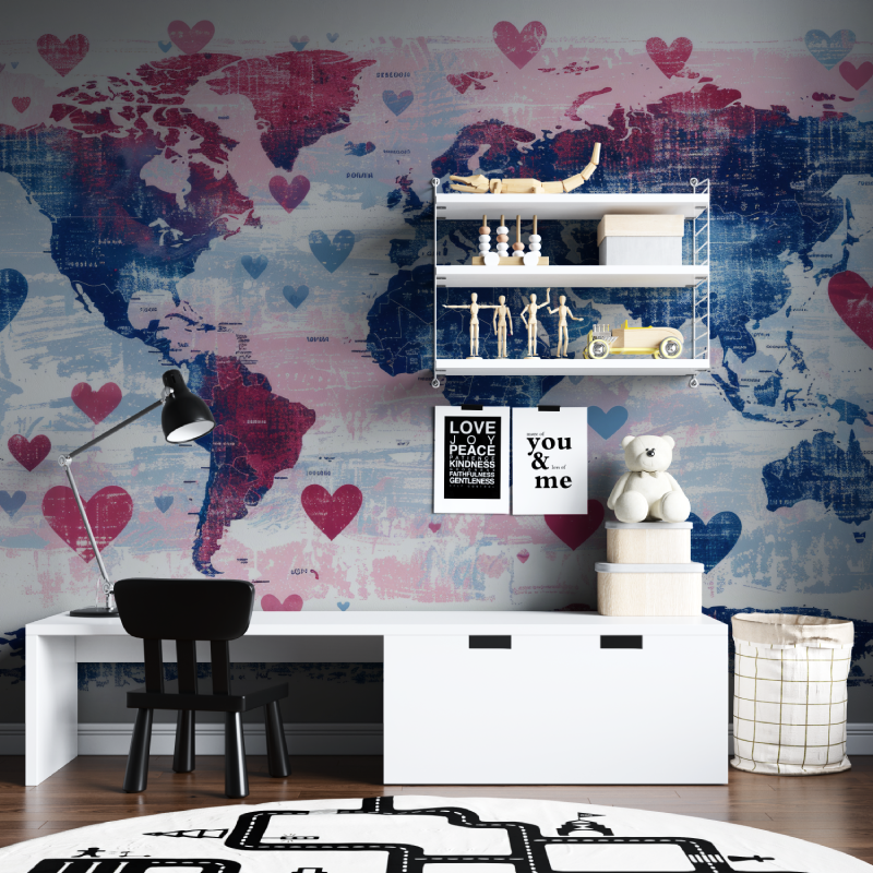 Papier peint carte du monde coeurs tapisserie chambre ados