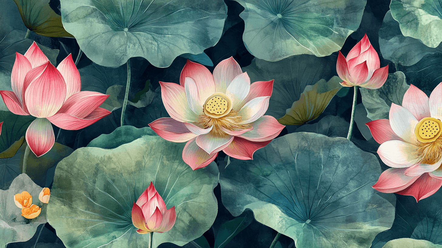 Papier Peint Aquarelle Lotus Et Feuilles Vertes