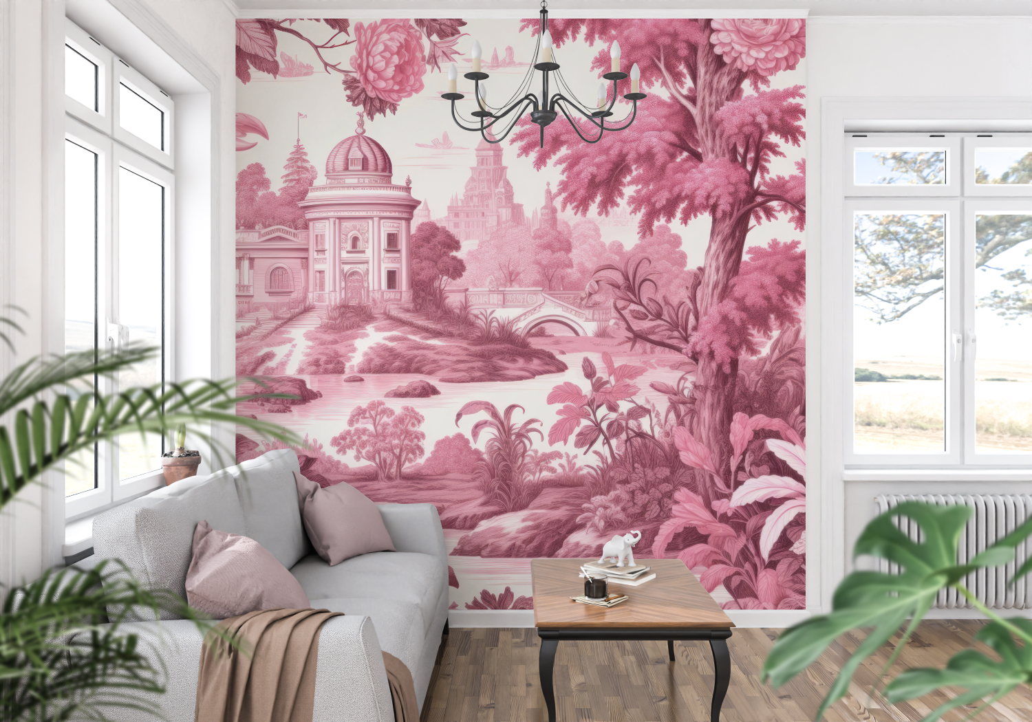 Papier Peint Toile De Jouy Rose Vif - panoramique tendance