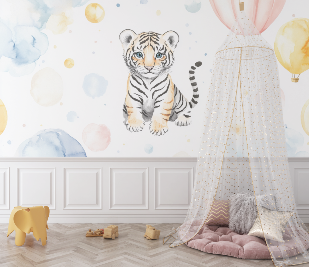 Papier peint tigre et montgolfiere bebe
