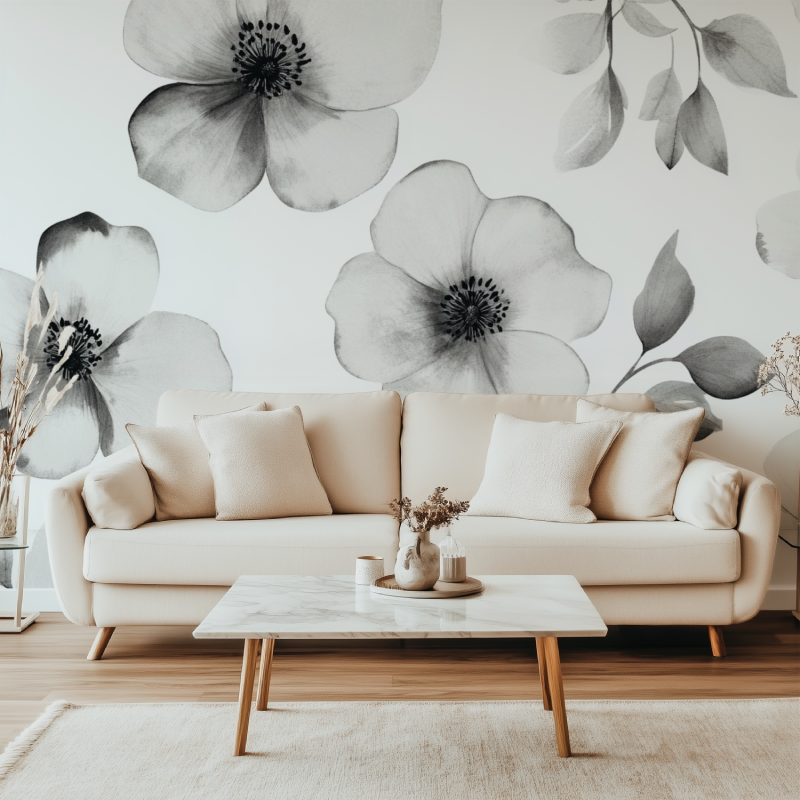 Papier peint fleur blanc canape simple