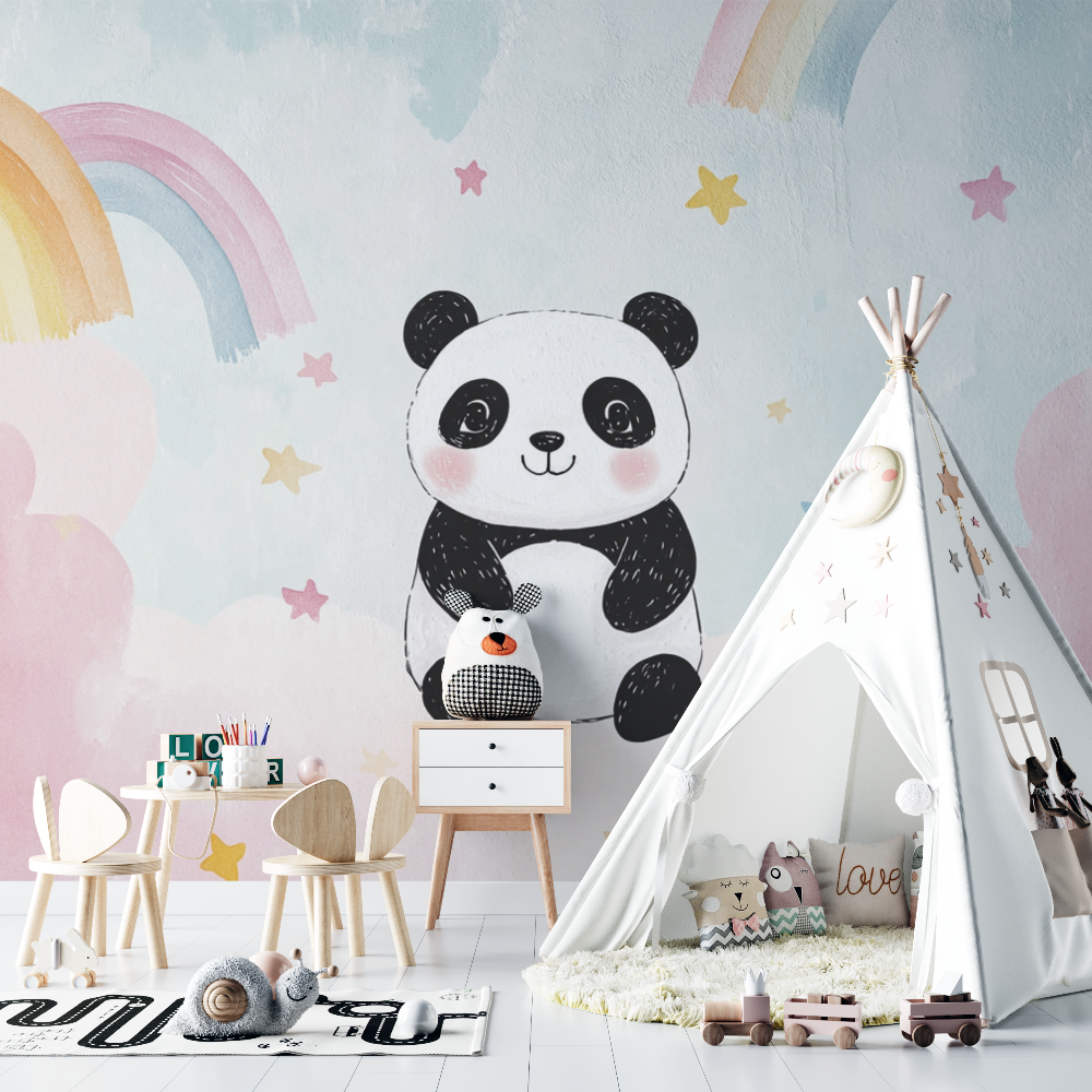 Papier peint panda et arcs en ciel pastel chambre bebe