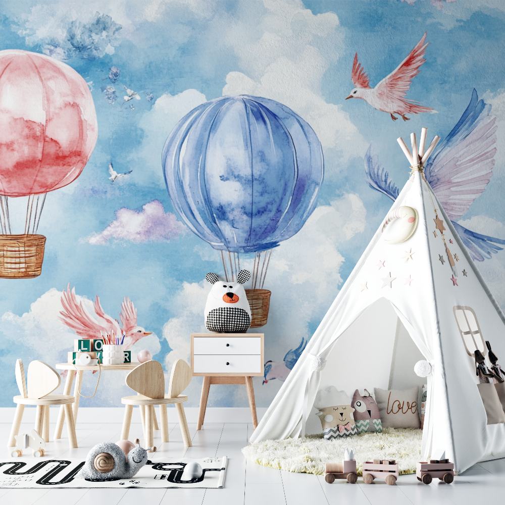 Papier peint montgolfiere et animaux volants chambre bebe