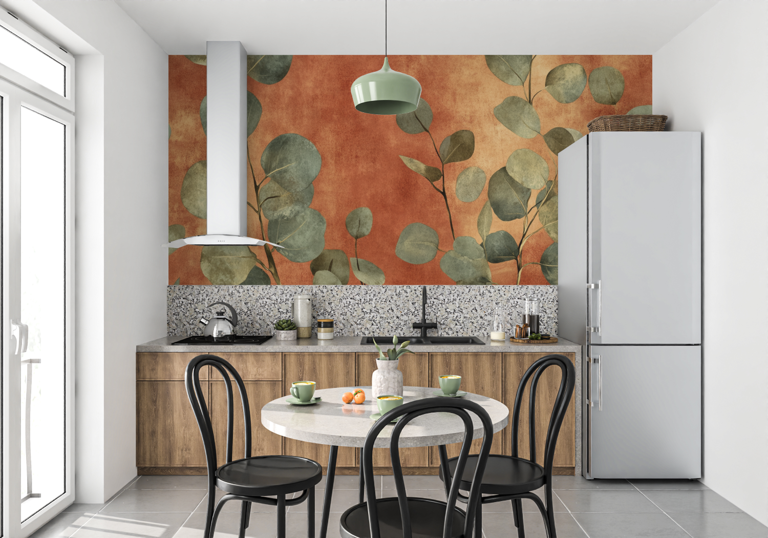 Papier peint terracotta et eucalyptus stylise mur cuisine