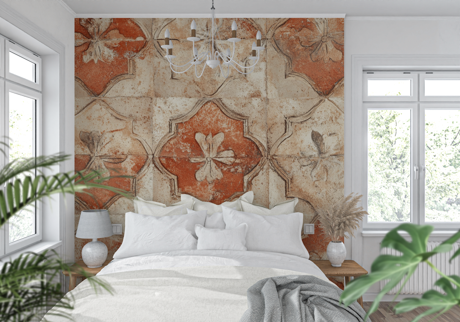 Papier peint terracotta et carrelage ancien tendance mur