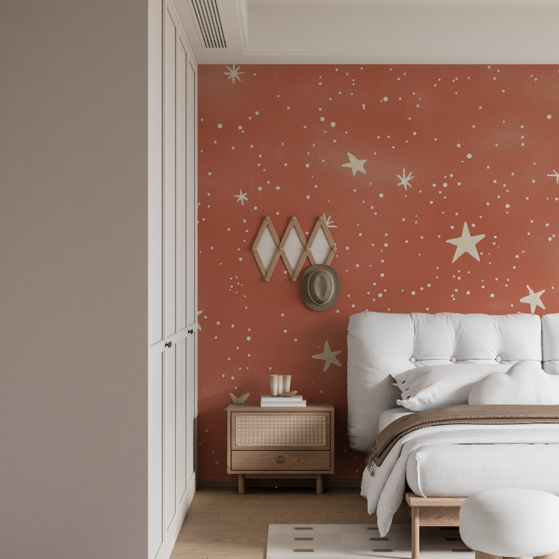 Papier peint terracotta avec etoiles filantes dorees mural