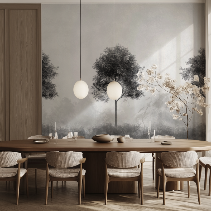 Papier peint arbre gris et noir salle manger tendance