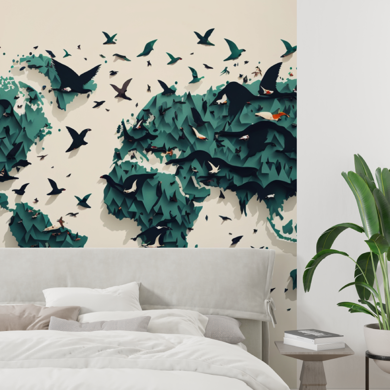 Papier peint carte du monde oiseau tapisserie tendance