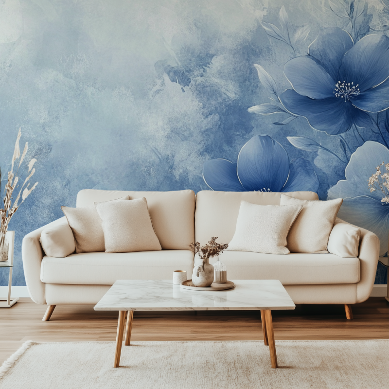 Papier peint fleur vintage bleue canape simple
