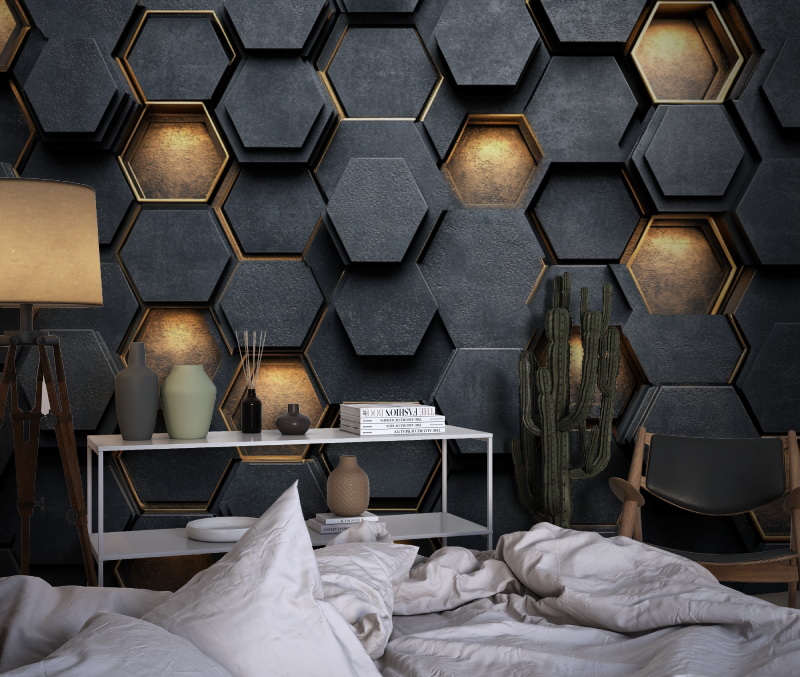 Papier peint gamer hexagones noir et or chambre dado1
