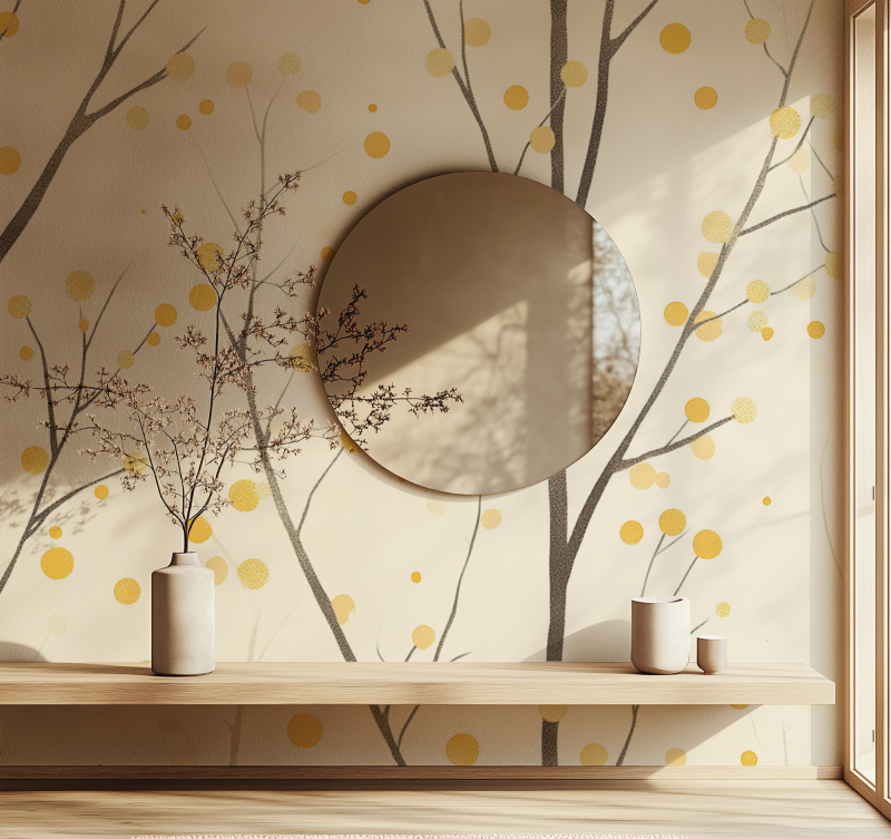 Papier peint arbre jaune a pois miroir