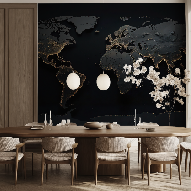Papier peint carte du monde noire salle manger tendance