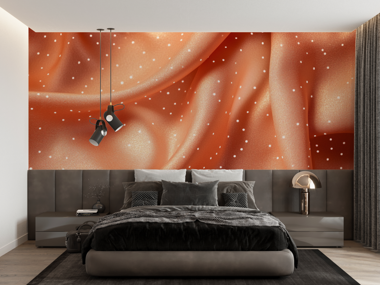 Papier peint terracotta avec petits pois dores francais