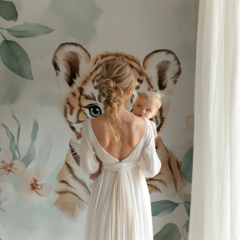 Papier peint tigre et feuilles deucalyptus bb123