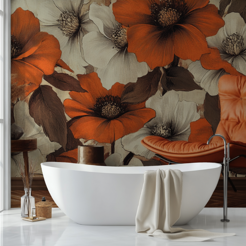 Papier peint vintage fleurs orange marron sdb