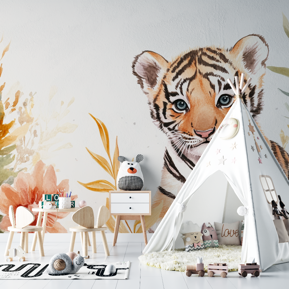 Papier peint tigre et motifs nordiques chambre bebe