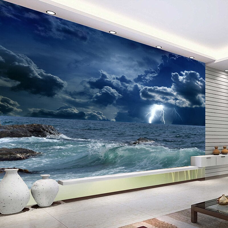 Custom Photo Wallpaper 3D Ocean Waves Lightning Dark Cloud