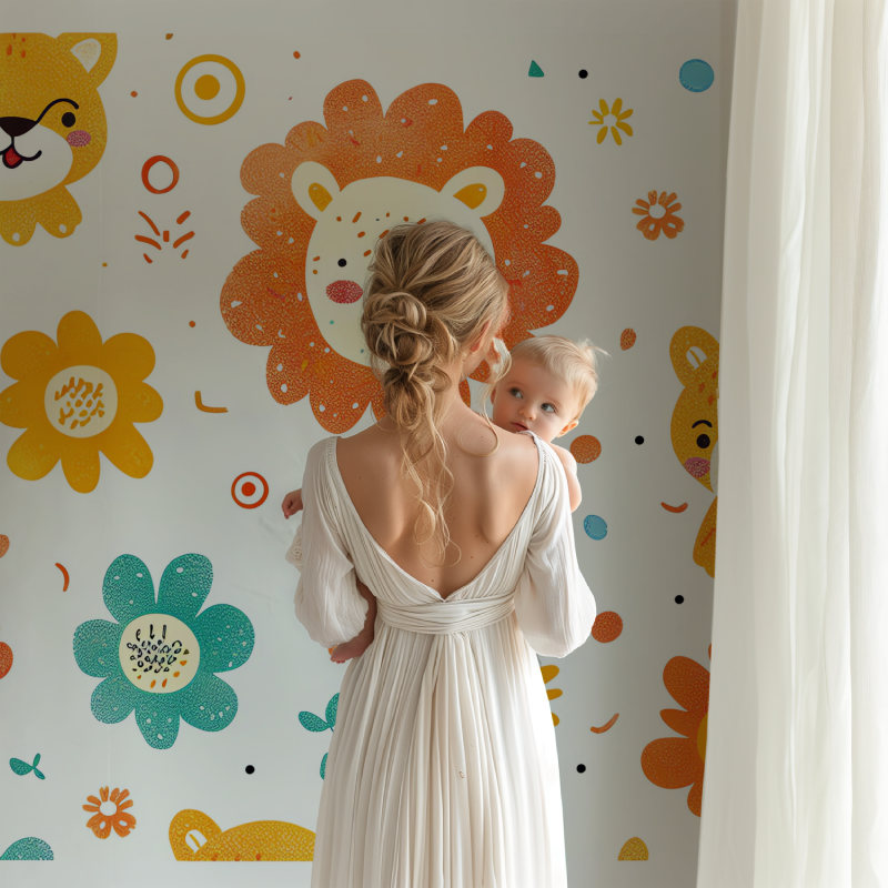 Papier peint lion et fleurs delicates bb123