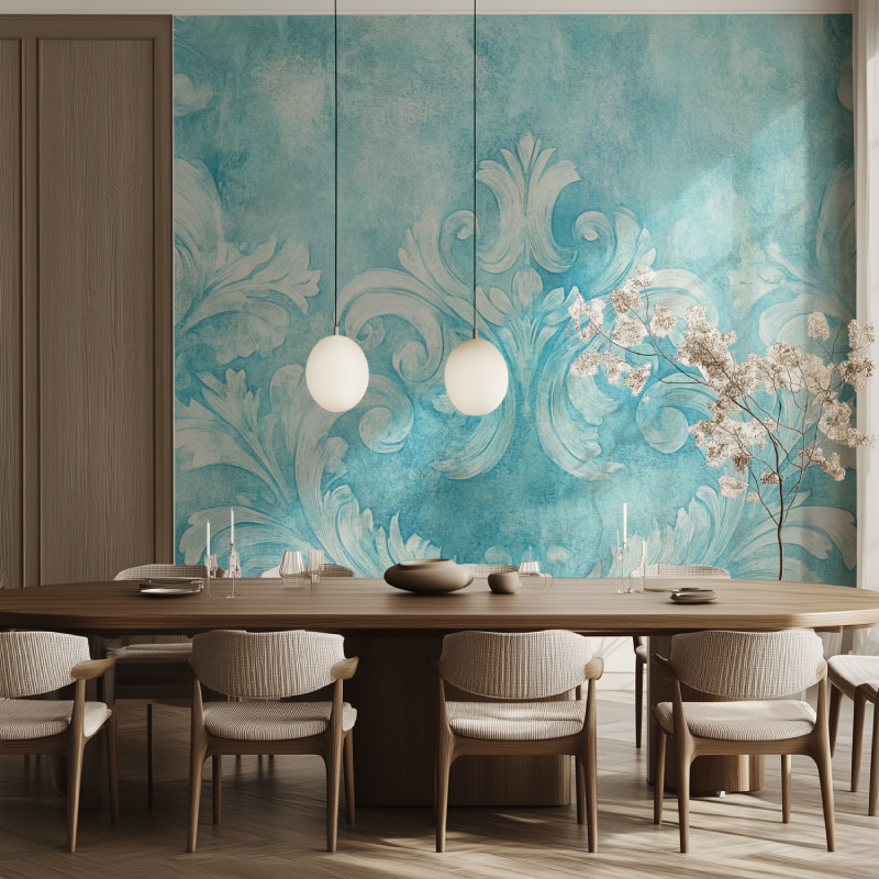 Papier peint vintage turquoise salle manger tendance