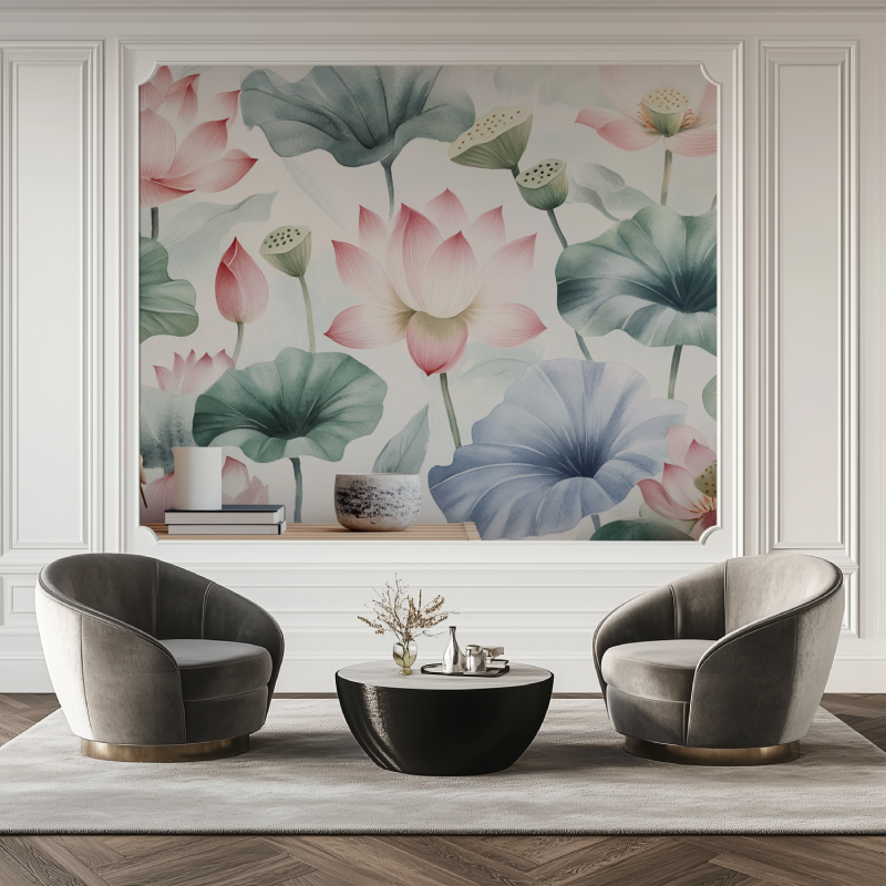 Papier peint fleur lotus salon tapis