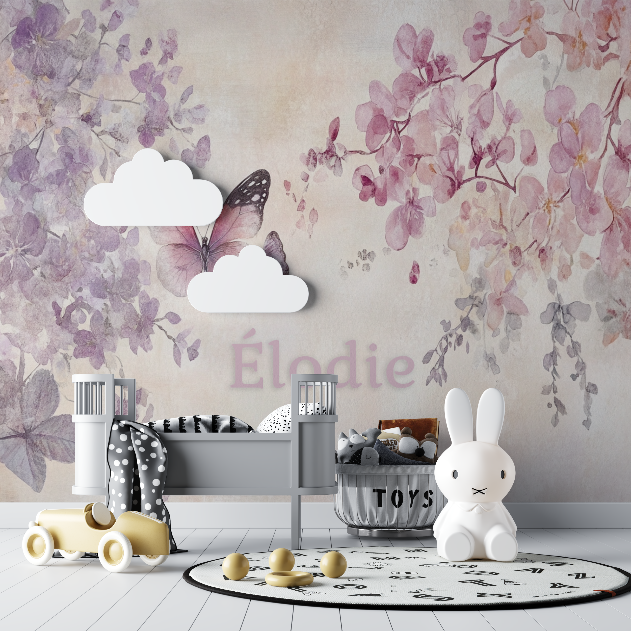 Papier peint prenom papillons rose bebe tipi