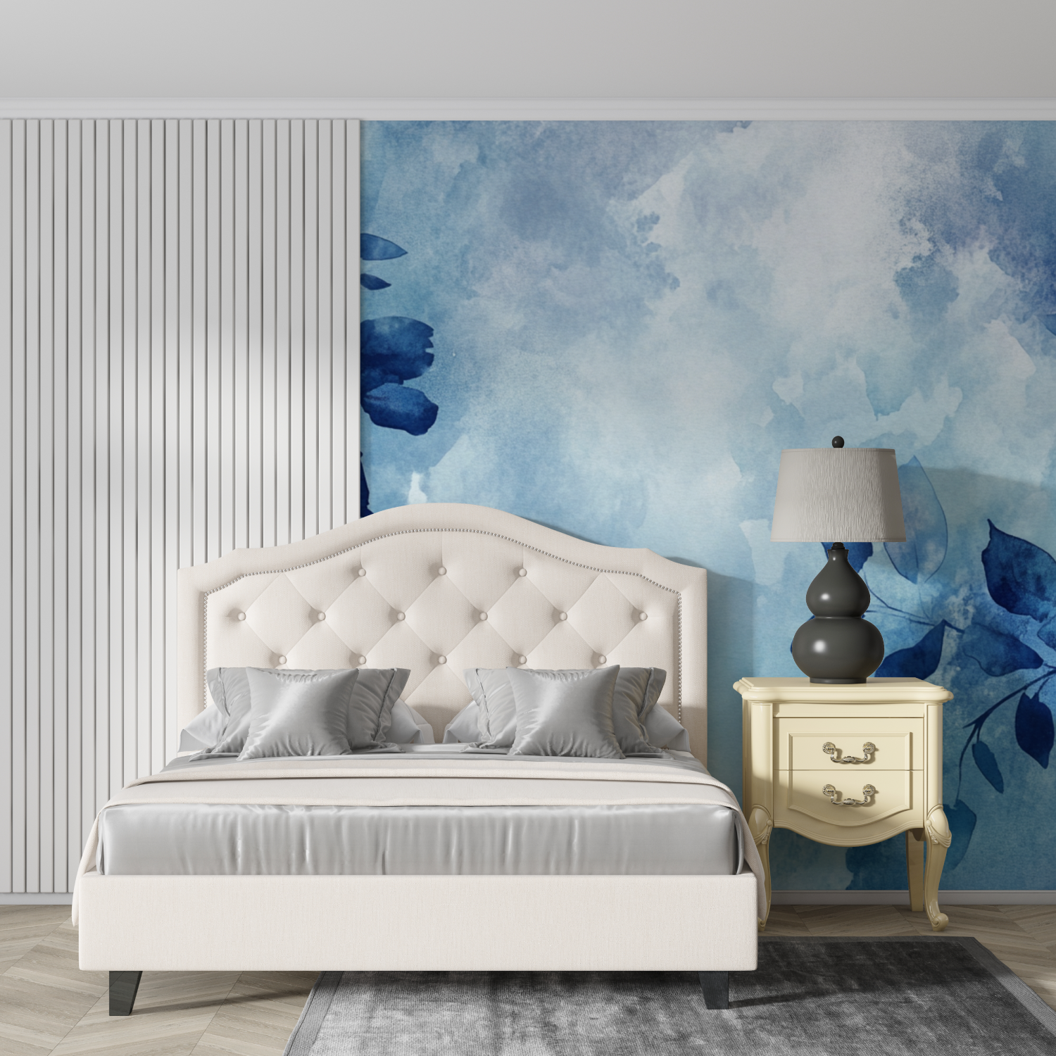 Papier peint aquarelle feuilles abstraites bleues design