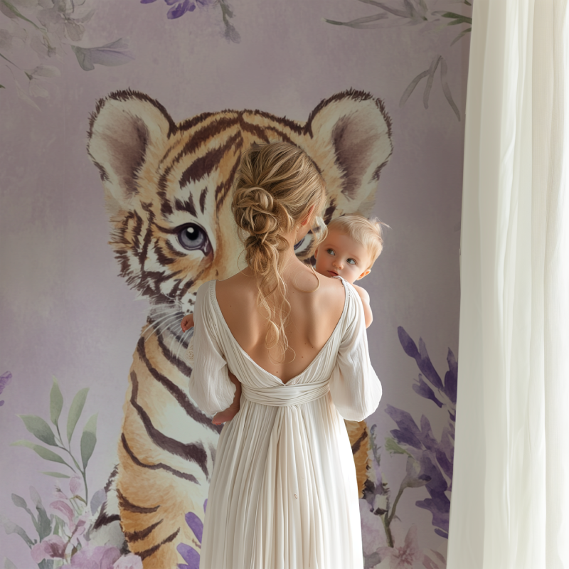 Papier peint tigre et fleurs delicates bb123