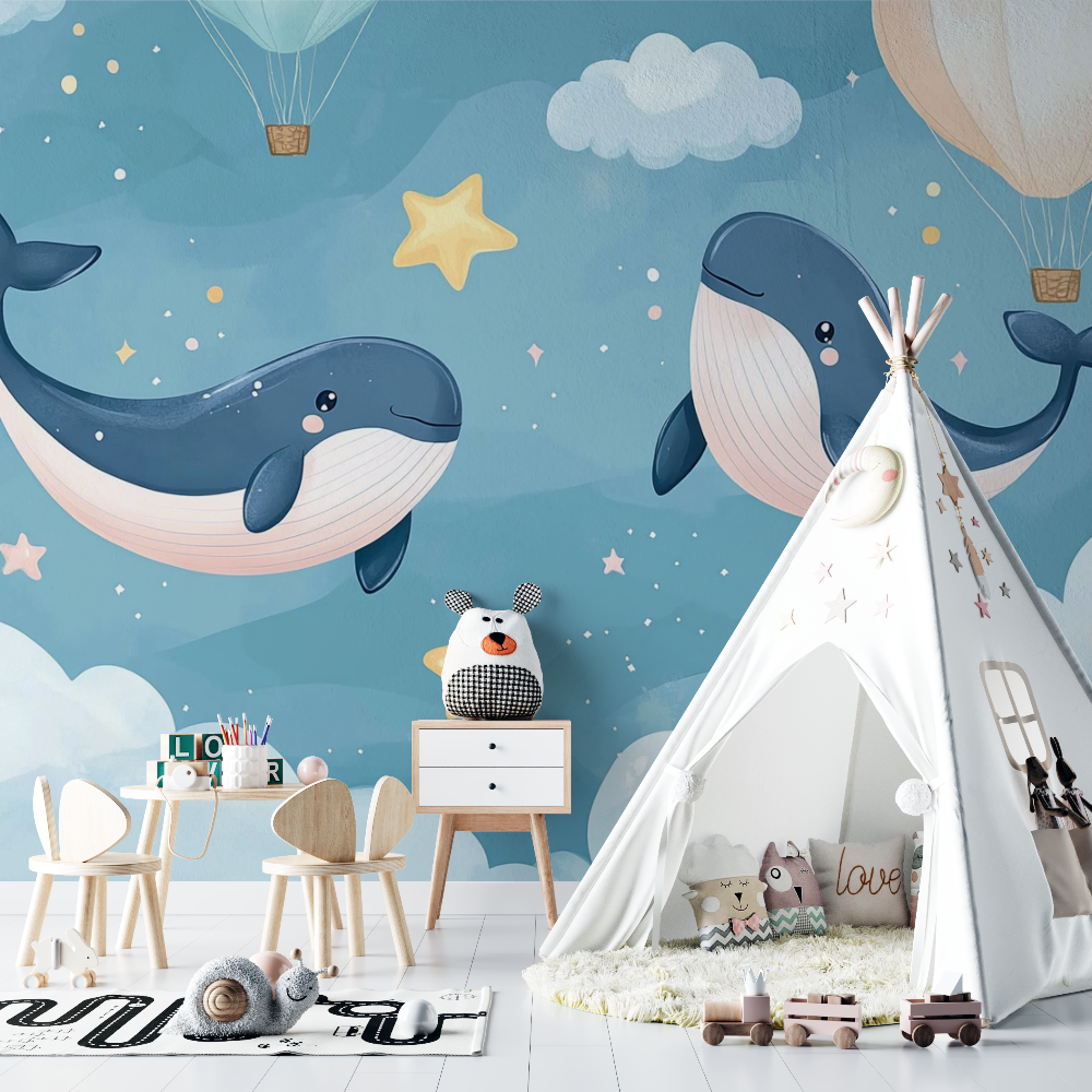 Papier peint marin duo baleine dans les nuages chambre bebe