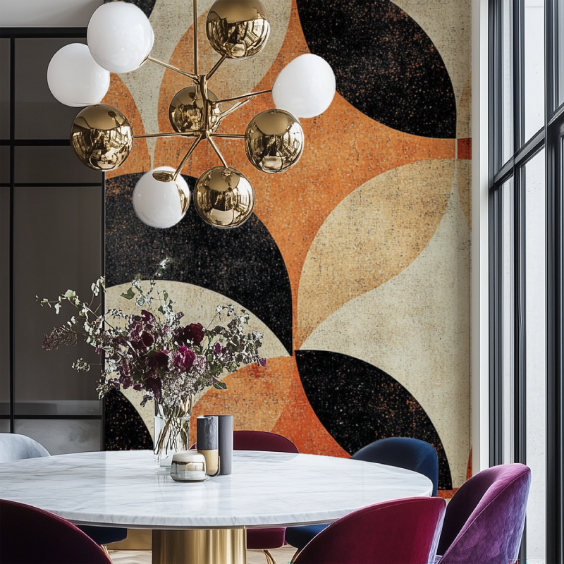 Papier peint vintage orange geometrique salon chaise