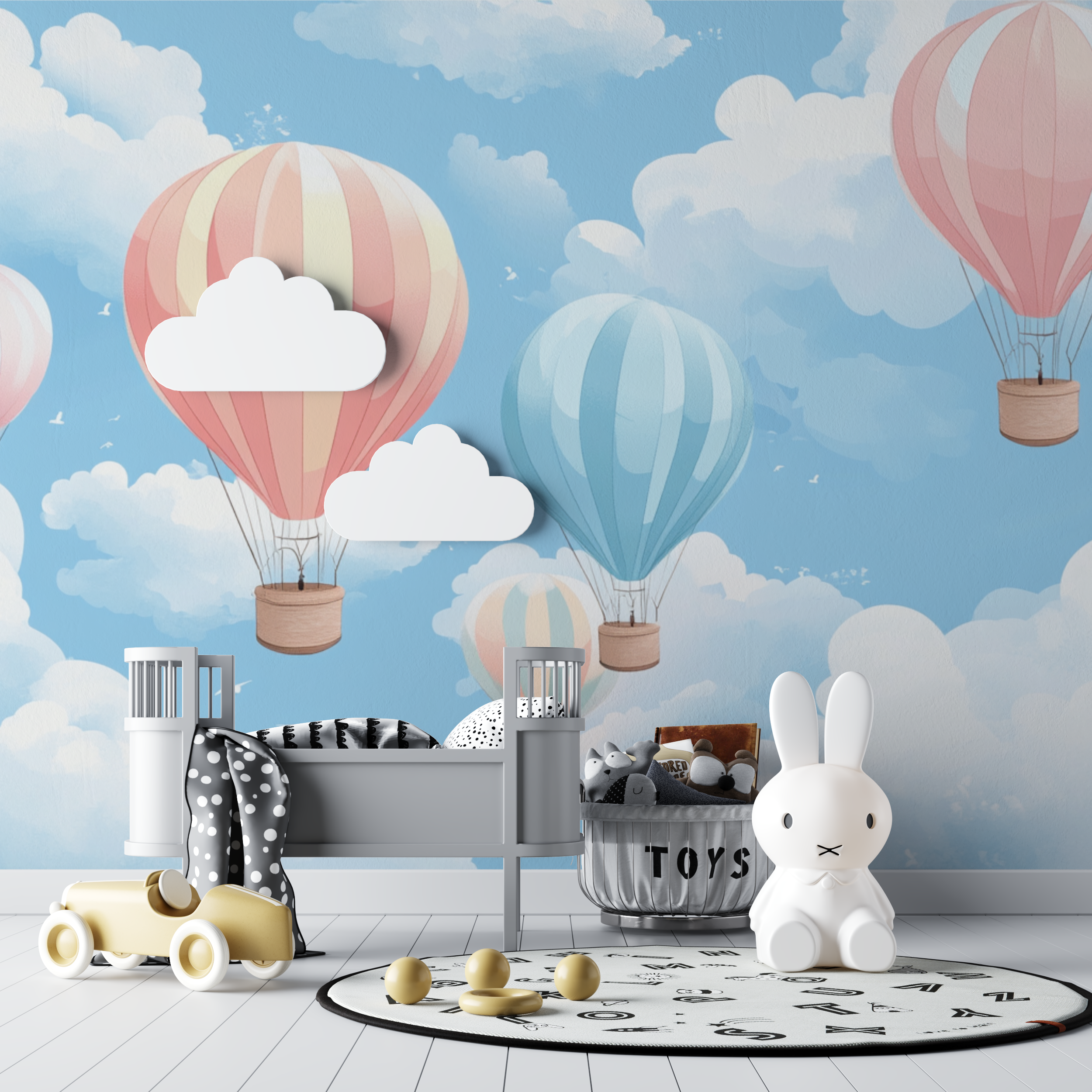 Papier peint montgolfiere et ciel rose tendre bebe tipi