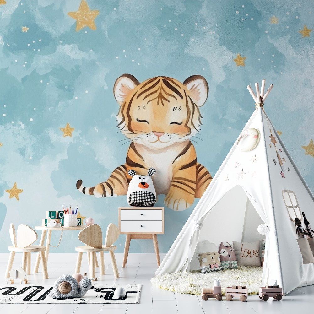 Papier peint tigre et ciel etoile chambre bebe