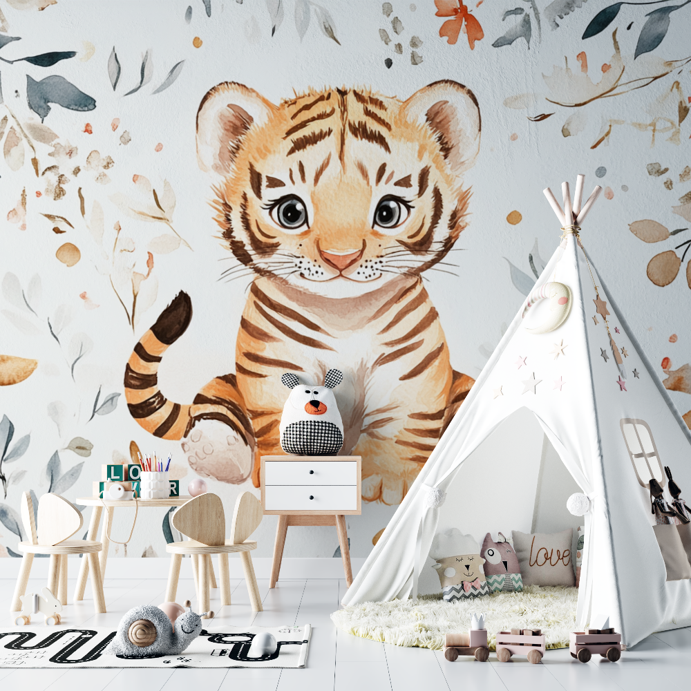 Papier peint tigre et motifs enfantins chambre bebe