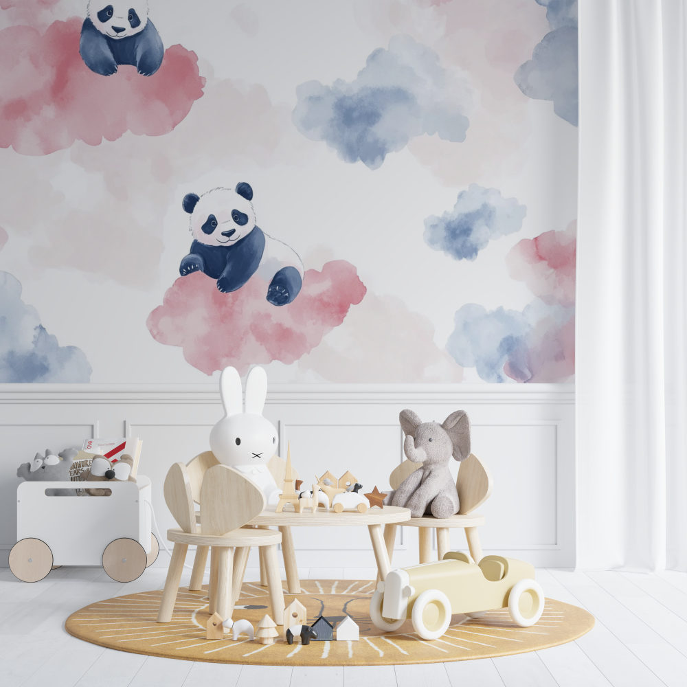 Papier peint panda et nuages pastel chambre de bebe