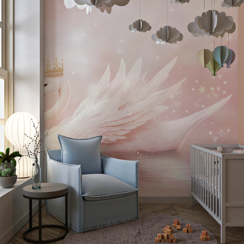 Papier peint princesse cygne rose chambre de fille