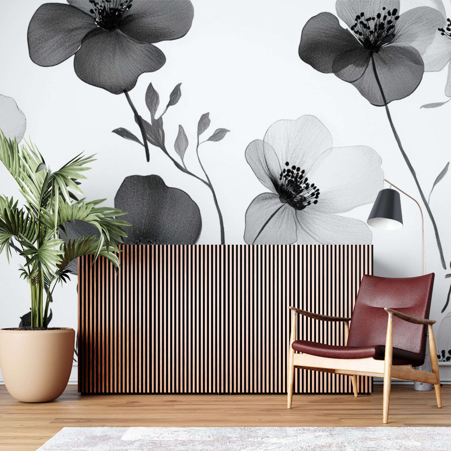 Papier peint fleur epure noir et blanc sur mesure