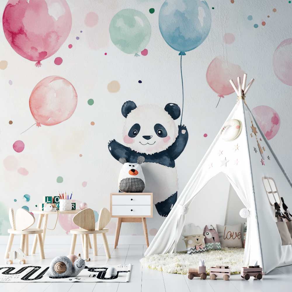 Papier peint panda et ballons colores chambre bebe