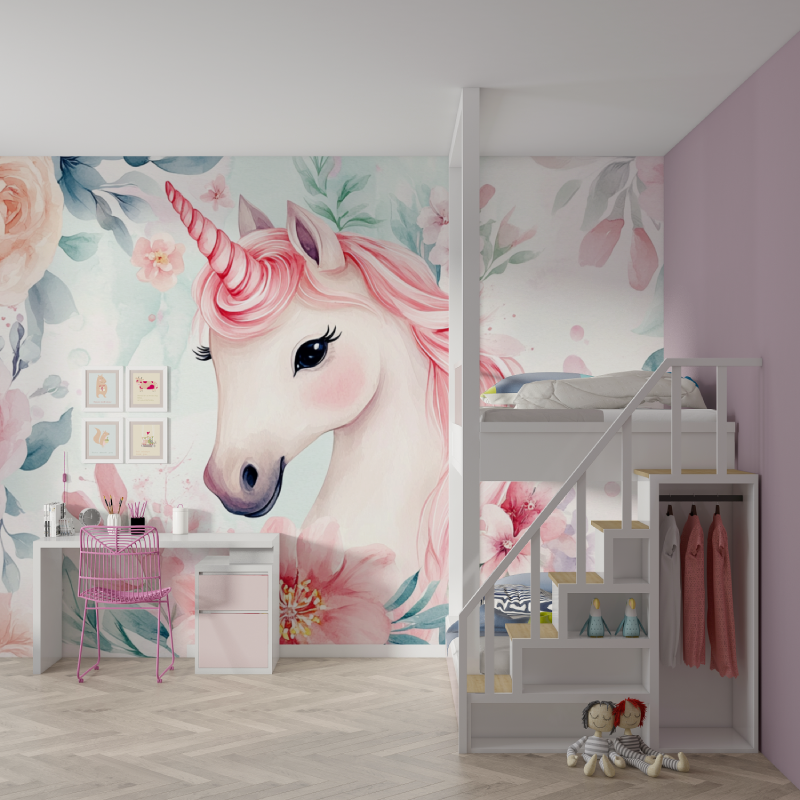 Papier peint licorne pas cher fleuri mur chambre fille