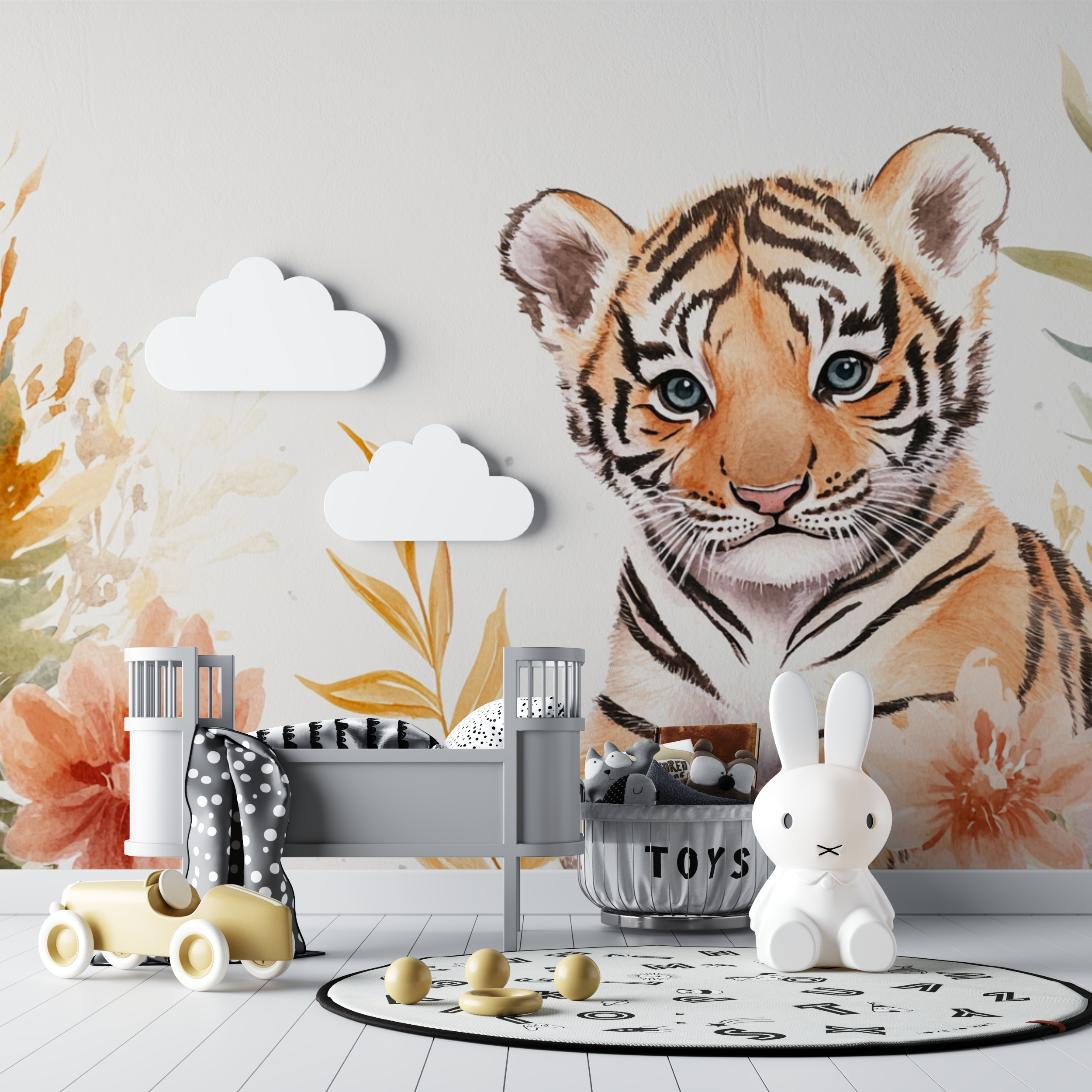 Papier peint tigre et motifs nordiques bebe tipi