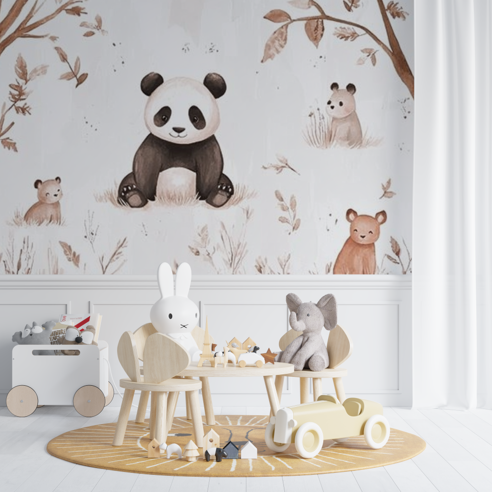 Papier peint panda et animaux de la foret chambre de bebe