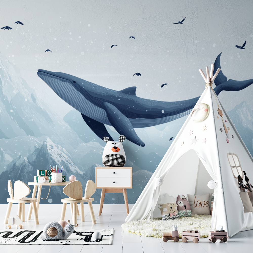 Papier peint baleine et montagnes chambre bebe