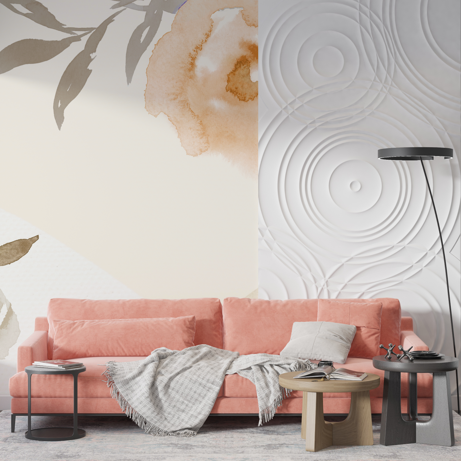Papier peint aquarelle fleurs beiges mur