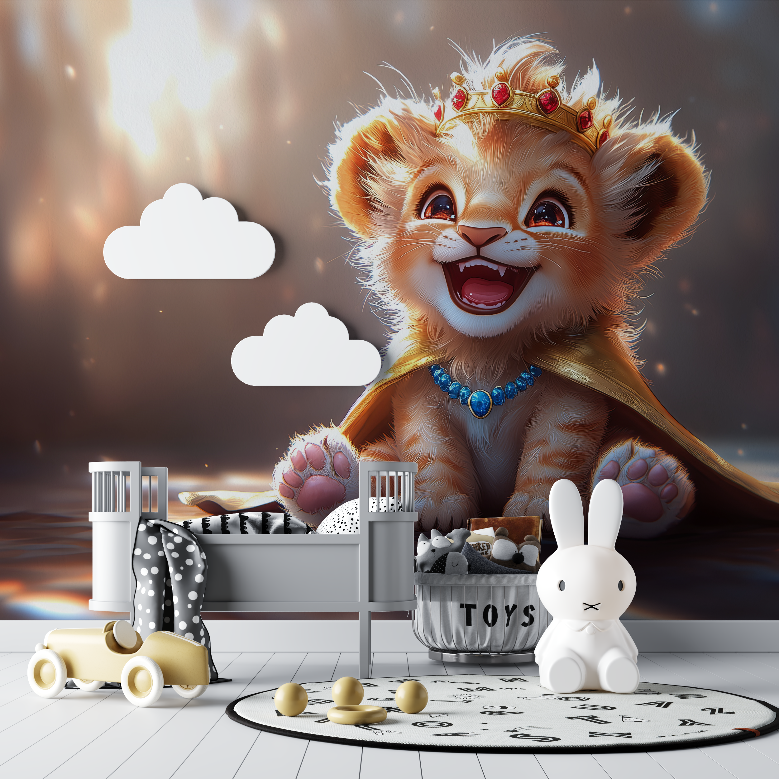 Papier peint lion et couronne de fleurs bebe tipi