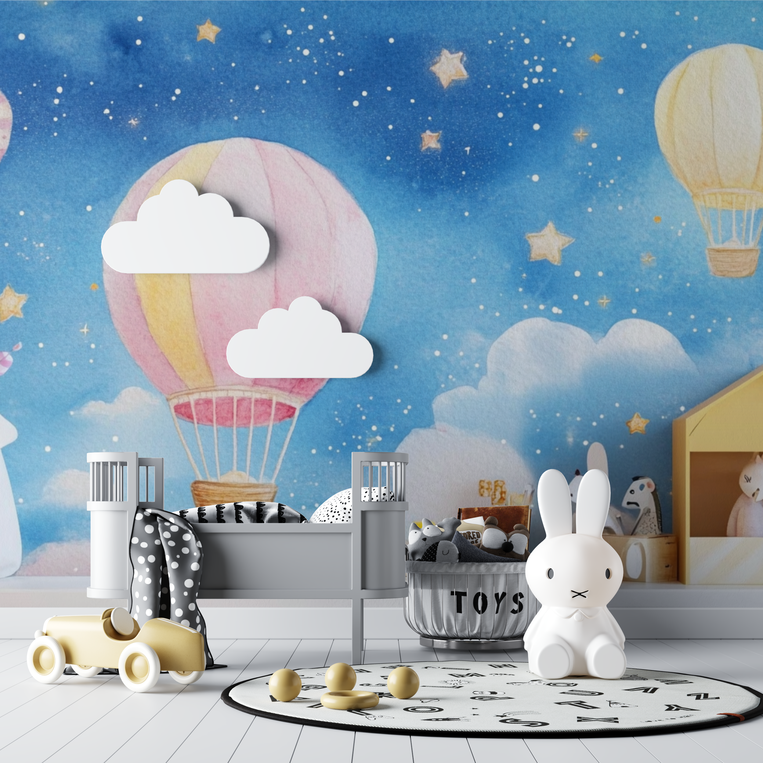 Papier peint montgolfiere et etoiles scintillantes bebe tipi