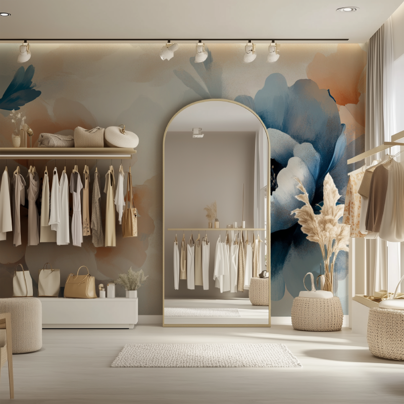 Papier peint fleur bleu blanc marron beige dressing