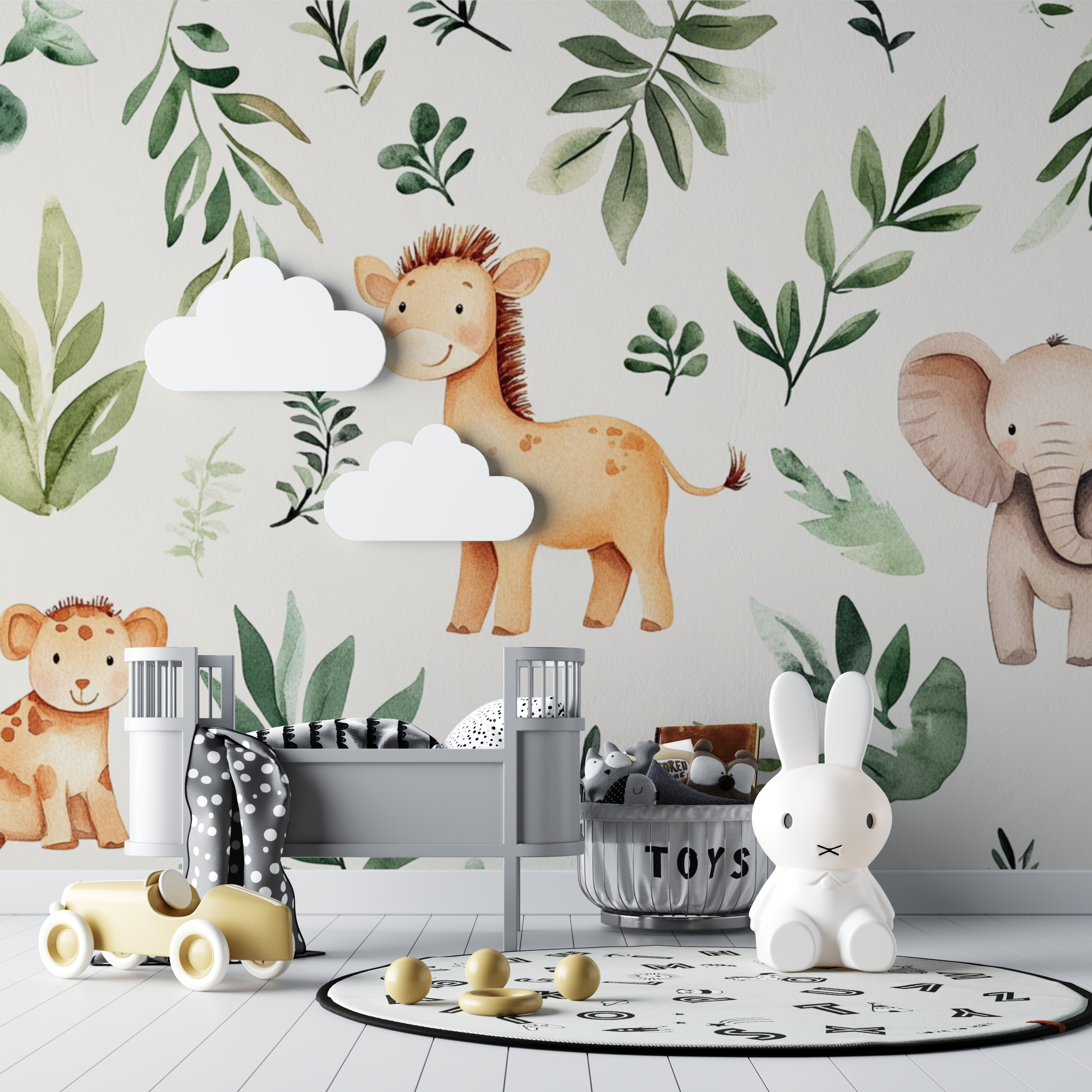 Papier peint safari girafe et elephan bebe tipi