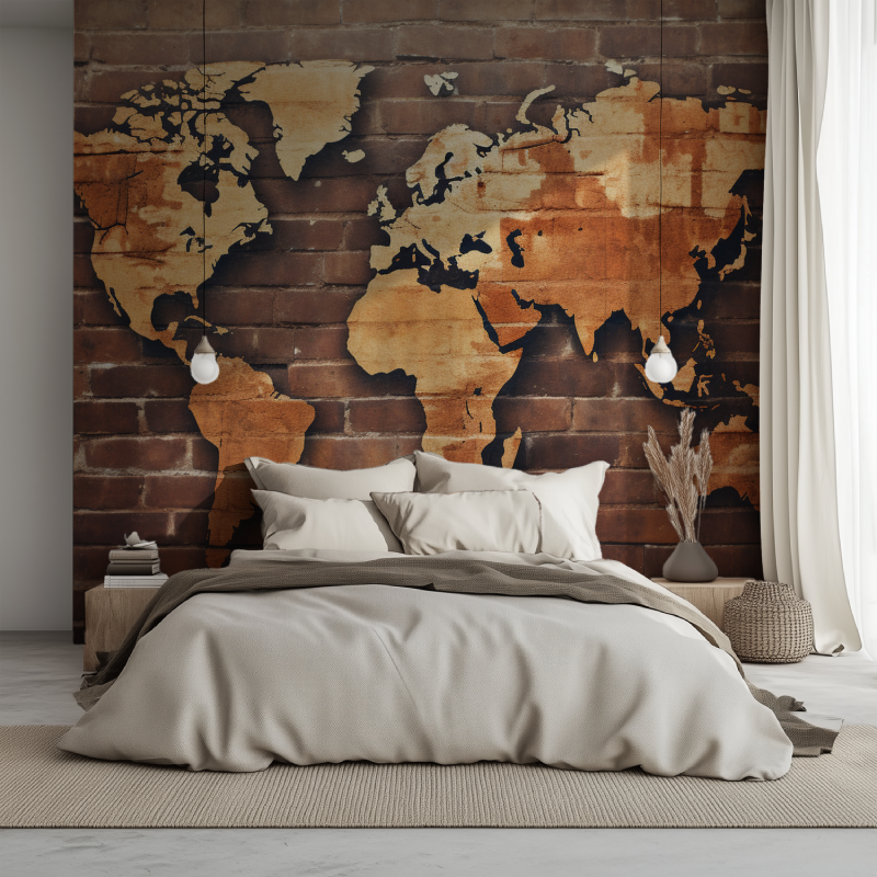 Papier peint carte du monde brique bois lit 1234