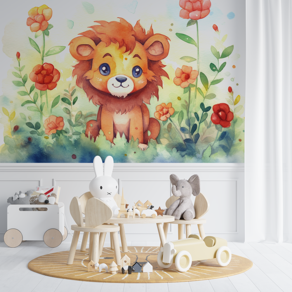 Papier peint lion et fleurs enchantees chambre de bebe