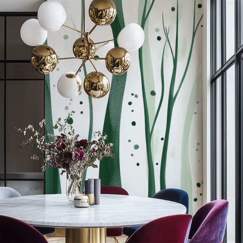 Papier peint arbre stylise vert et blanc salon chaise