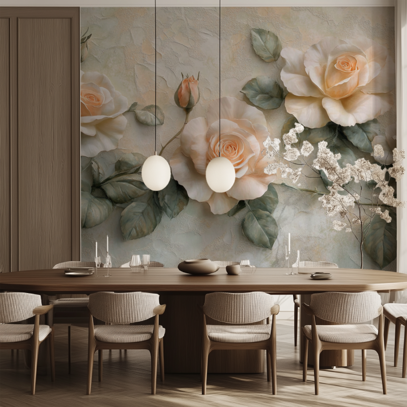 Papier peint fleur style vintage salle manger tendance